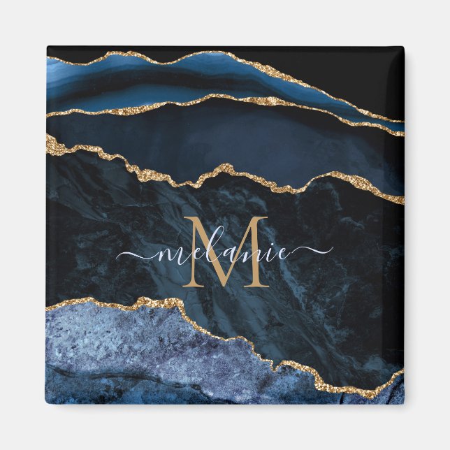 Monogram Name Agate Navy Blue Gold Edelstein Marmo Magnet (Vorne)