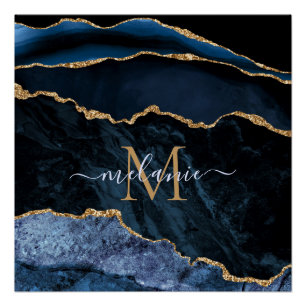 Monogram Name Agate Navy Blue Gold Edelstein Marmo Poster