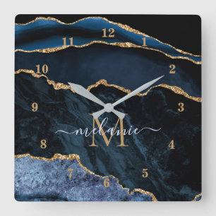 Monogram Name Agate Navy Blue Gold Edelstein Marmo Quadratische Wanduhr