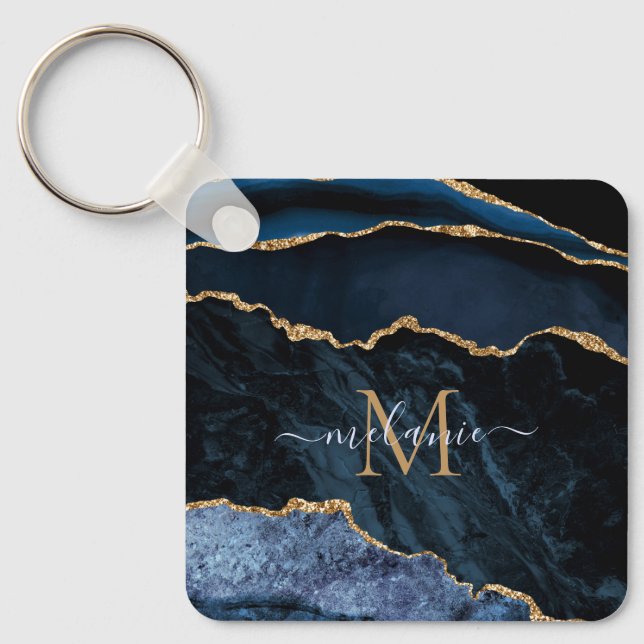 Monogram Name Agate Navy Blue Gold Edelstein Marmo Schlüsselanhänger (Vorderseite)