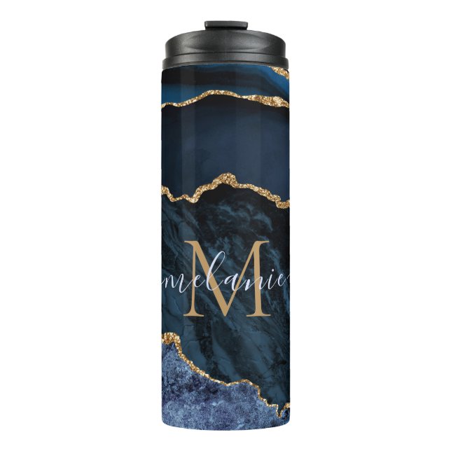 Monogram Name Agate Navy Blue Gold Edelstein Marmo Thermosbecher (Vorderseite)