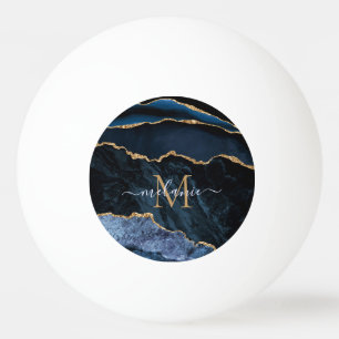 Monogram Name Agate Navy Blue Gold Edelstein Marmo Tischtennisball