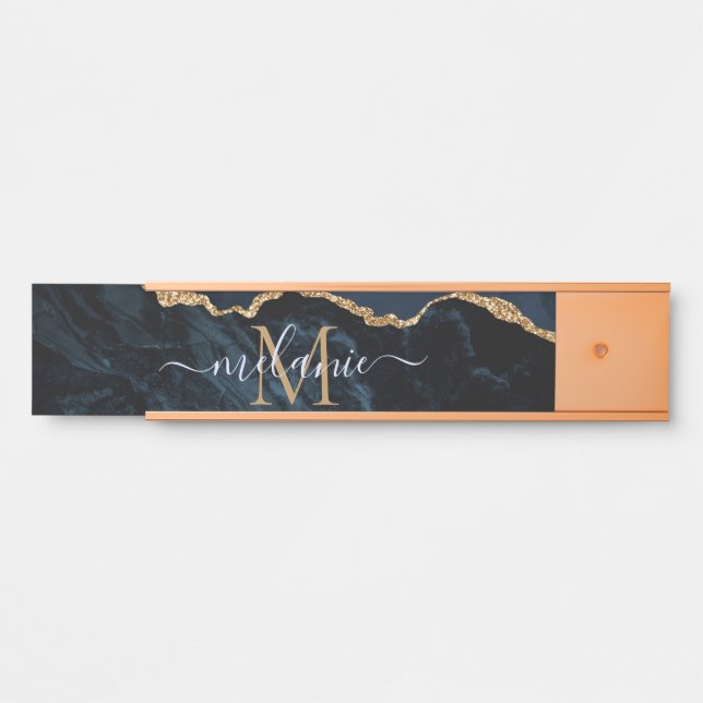Monogram Name Agate Navy Blue Gold Edelstein Marmo Türschild (Vorderseite )