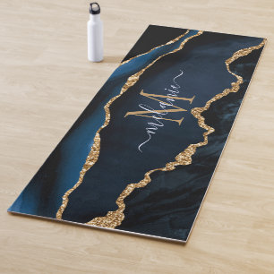 Monogram Name Agate Navy Blue Gold Edelstein Marmo Yogamatte