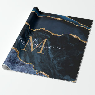 Monogram Name Agate Navy Blue Gold Marmor Geschenk Geschenkpapier