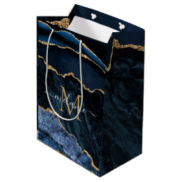 Monogram Name Agate Navy Blue Gold Marmorbeutel Mittlere Geschenktüte