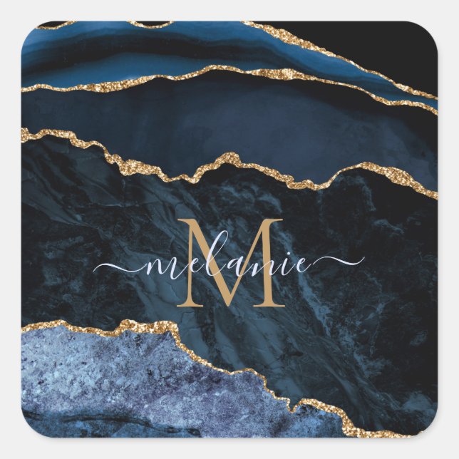 Monogram Name Agate Navy Blue Gold Marmorsticker Quadratischer Aufkleber (Vorderseite)