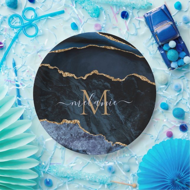Monogram Name Agate Navy Blue Gold Paper Teller (Party)