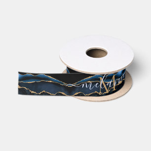 Monogram Name Agate Navy Blue Gold Ribbon Satinband