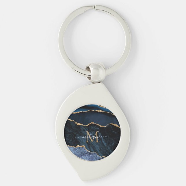 Monogram Name Agate Navy Blue Gold Schlüsselanhäng Schlüsselanhänger (Vorderseite)