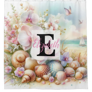 Monogram-Name auf Aquarellfarben-Blume Duschvorhang