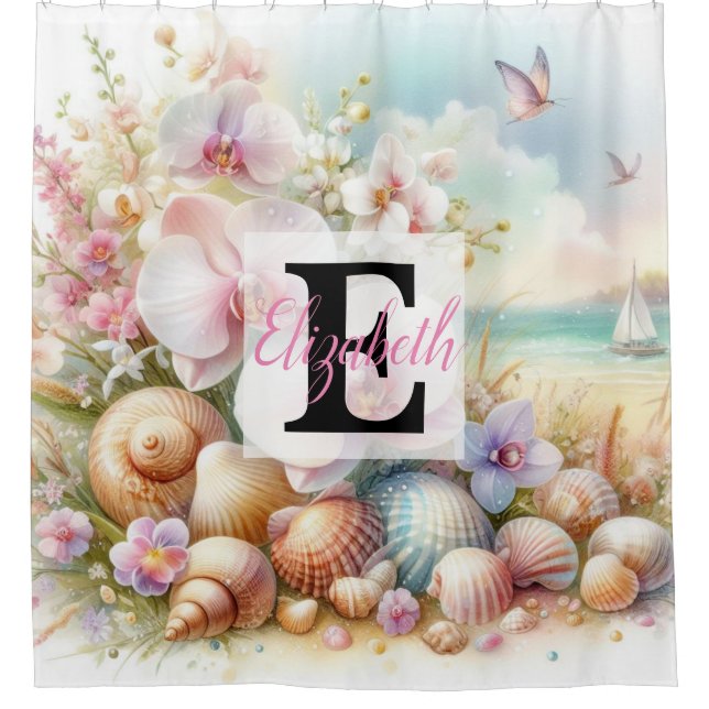 Monogram-Name auf Aquarellfarben-Blume Duschvorhang (Vorderseite)