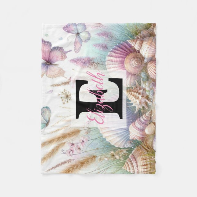 Monogram-Name auf Aquarellfarben-Blume Fleecedecke (Vorderseite)