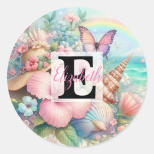Monogram-Name auf Aquarellfarben-Blume Runder Aufkleber