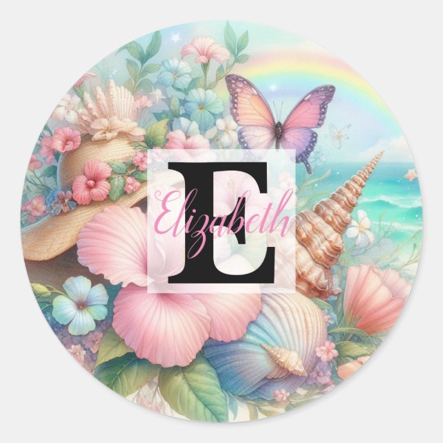 Monogram-Name auf Aquarellfarben-Blume Runder Aufkleber (Vorderseite)
