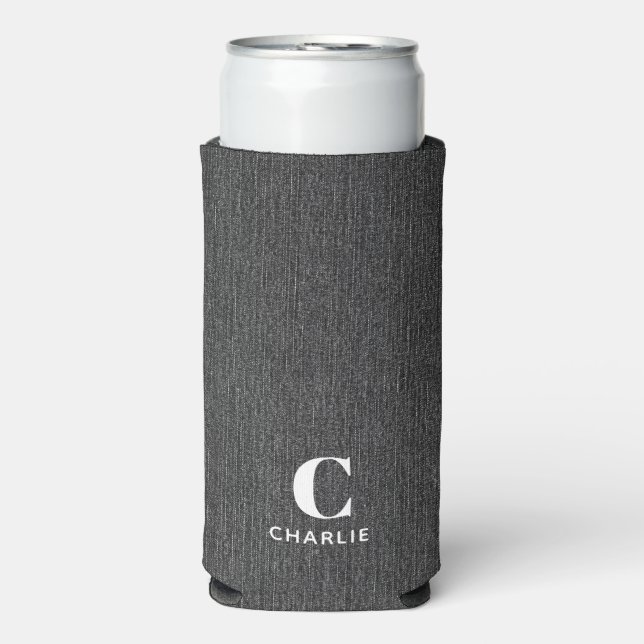Monogram Name Black Denim Print Slim Selters Dosenkühler (Seltzer Vorderseite)