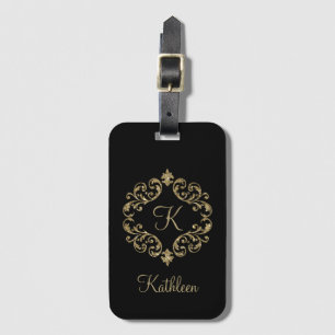 Monogram Name Black Gold Glitzer Damask Geblüht Gepäckanhänger