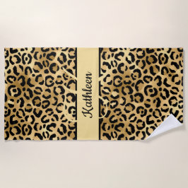 Monogram Name Black Gold Leopard Cheetah Print Strandtuch