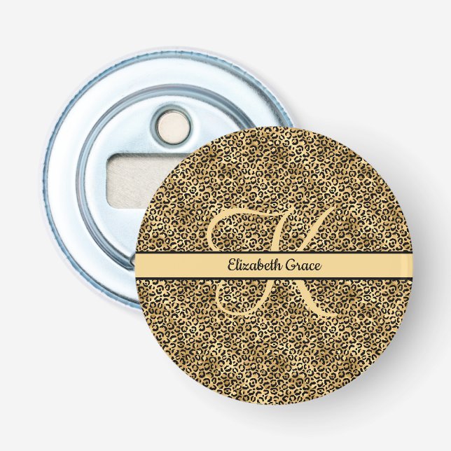 Monogram Name Black Gold Leopard Print Cheetah Flaschenöffner (Vorderseite)