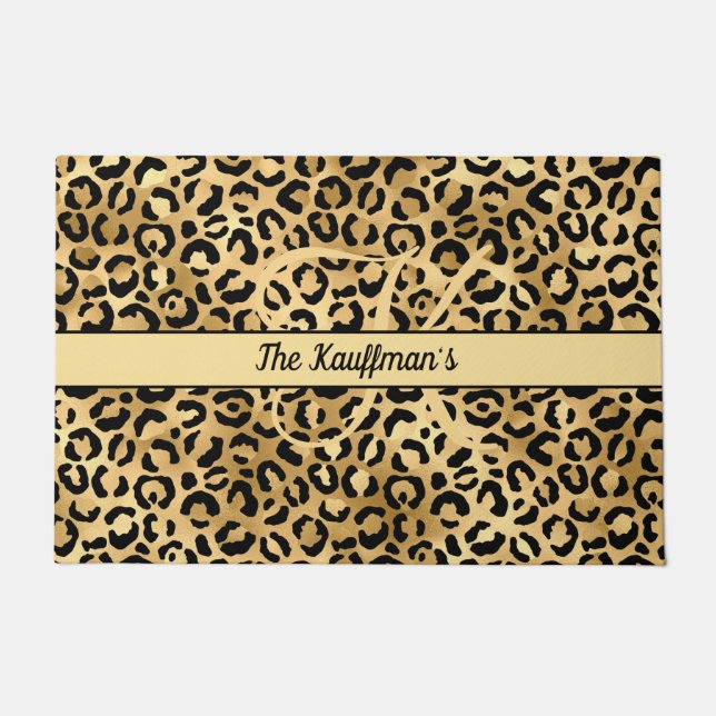 Monogram Name Black Gold Leopard Print Cheetah Fußmatte (Vorderseite)