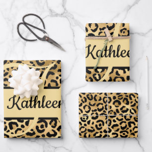 Monogram Name Black Gold Leopard Print Cheetah Geschenkpapier Set