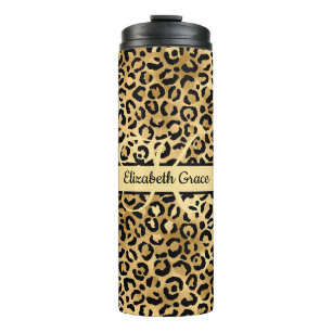 Monogram Name Black Gold Leopard Print Cheetah Thermosbecher