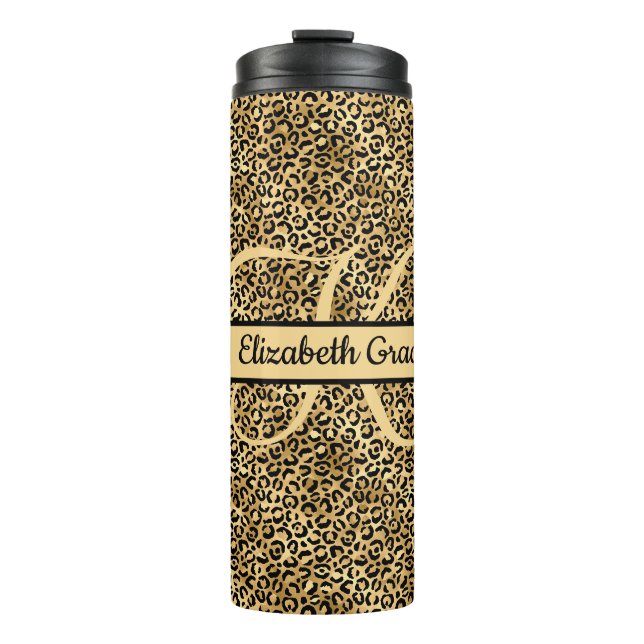 Monogram Name Black Gold Leopard Print Cheetah Thermosbecher (Vorderseite)