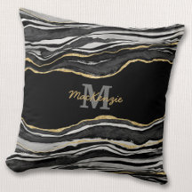 Monogram Name Black Marble Agate Gold Glitzer