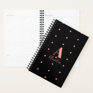 Monogram Name Black Rose Gold Polka Dot Planer