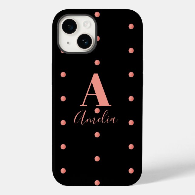 Monogram Name Black Rose Gold Polka Dots Case-Mate iPhone 14 Hülle (Rückseite)
