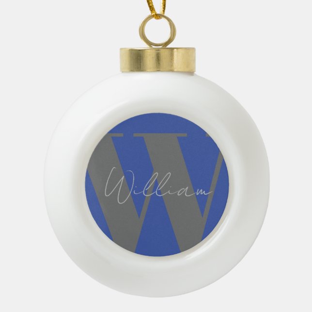 Monogram Name Blau grau stilvolles modernes Gesche Keramik Kugel-Ornament (Vorderseite)