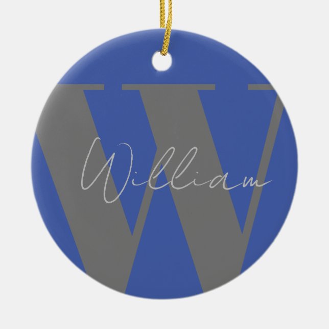 Monogram Name Blau grau stilvolles modernes Gesche Keramik Ornament (Vorne)