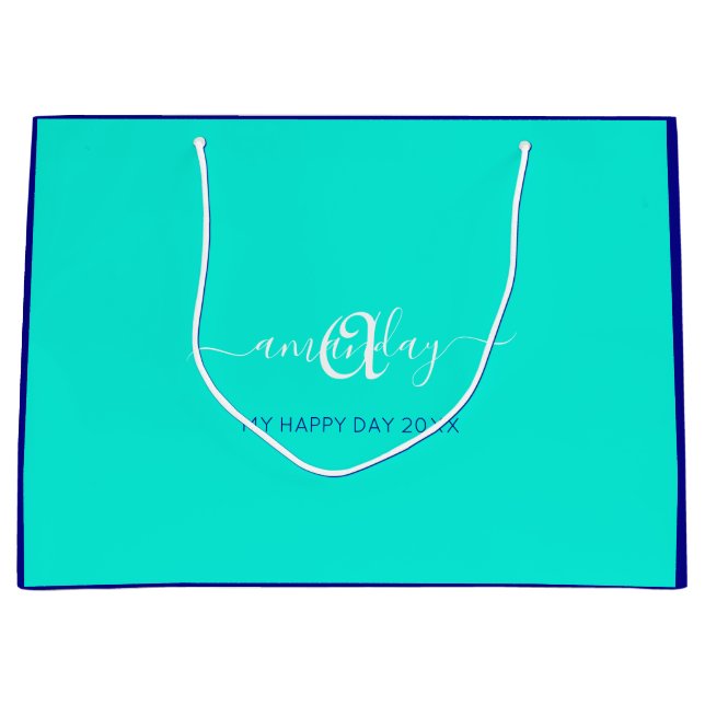 Monogram Name Blue Aqua Bridal Sweet 16. Wedding Große Geschenktüte (Vorderseite)