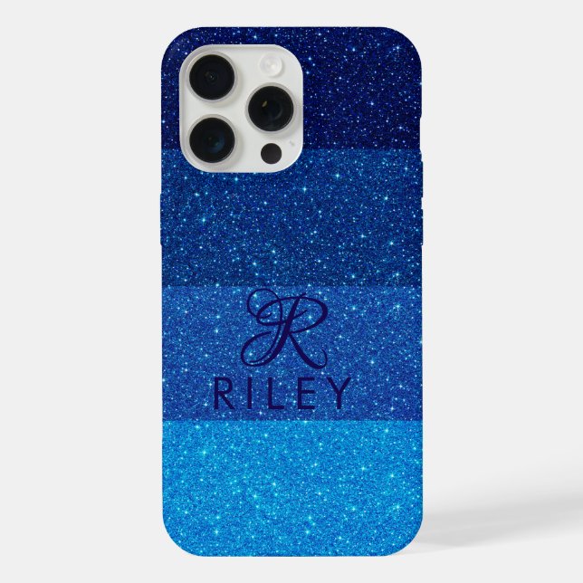 Monogram Name Blue Glitzer iPhone 15 Pro Max Hülle (Rückseite)