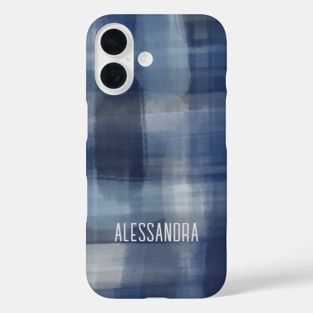 Monogram Name Blue Marine Aquarell kariert Tartan iPhone 16 Hülle (Rückseite)
