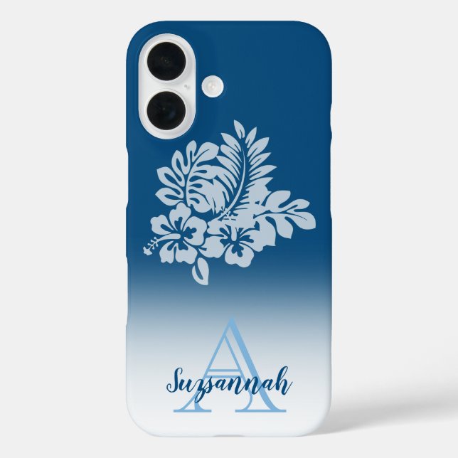 Monogram Name Blue Ombre Tropical Hibisken Blume iPhone 16 Hülle (Rückseite)