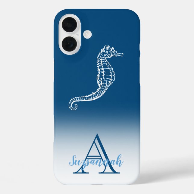 Monogram Name Blue Ombre Tropical Seepferd iPhone 16 Plus Hülle (Rückseite)