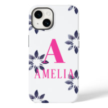Monogram Name Blue Pink Watercolor Retro Blume