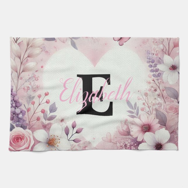 Monogram Name Blumenherzen romantische Aquarellfar Geschirrtuch (Horizontal)