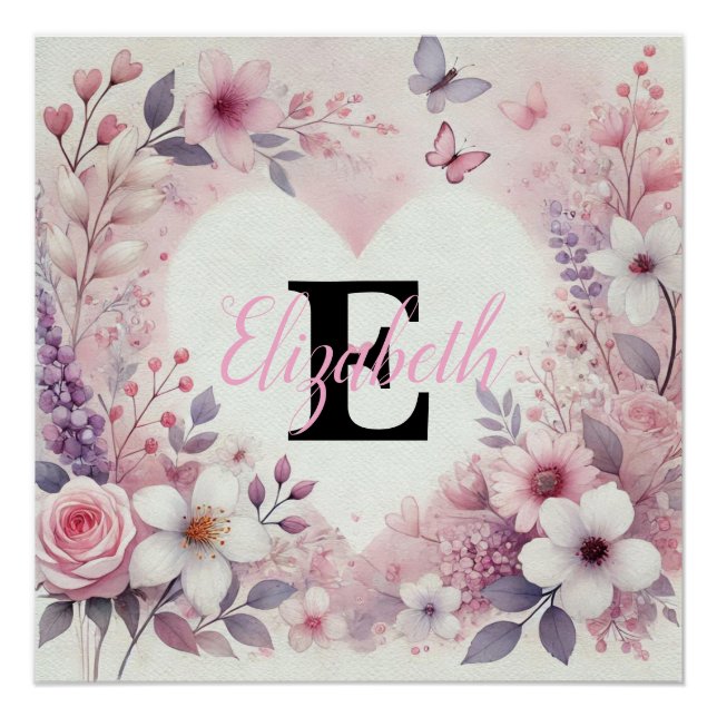 Monogram Name Blumenherzen romantische Aquarellfar Poster (Vorderseite)