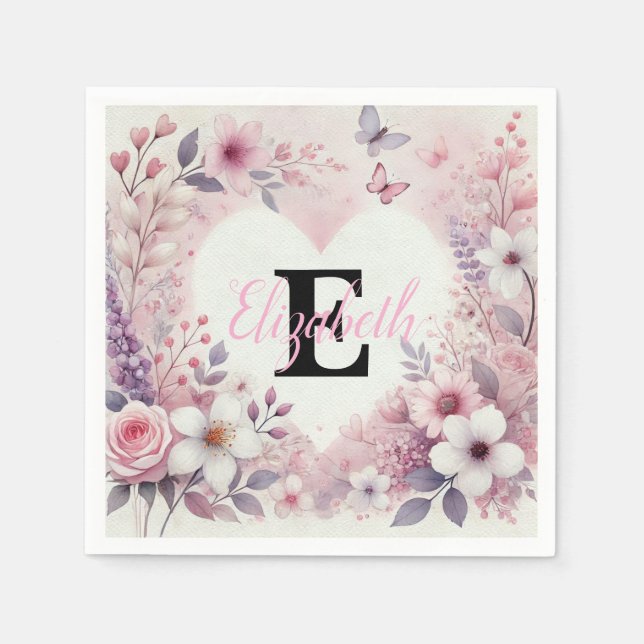 Monogram Name Blumenherzen romantische Aquarellfar Serviette (Vorderseite)