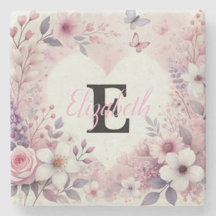 Monogram Name Blumenherzen romantische Aquarellfar Steinuntersetzer