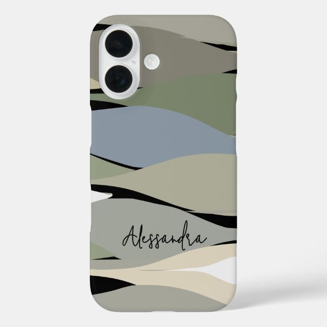 Monogram Name boho abstrakte Blätter grün beige iPhone 16 Hülle (Rückseite)