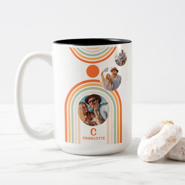Monogram Name Boho Arch Multi Foto Trendy Girly Zweifarbige Tasse (Mit Donut)