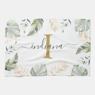 Monogram Name Botanical Palms Blätter Green Gold Geschirrtuch