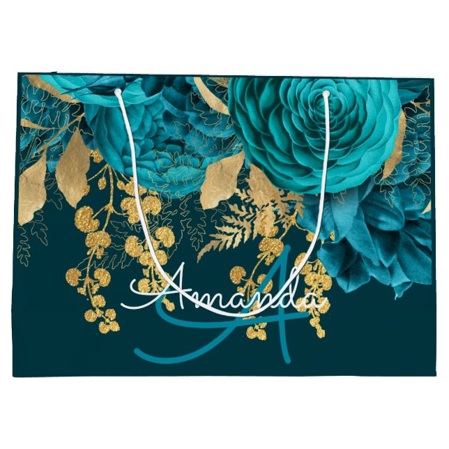 Monogram Name Bridal Gastgeschenk Hochzeit Aquamar Große Geschenktüte (Rückseite)