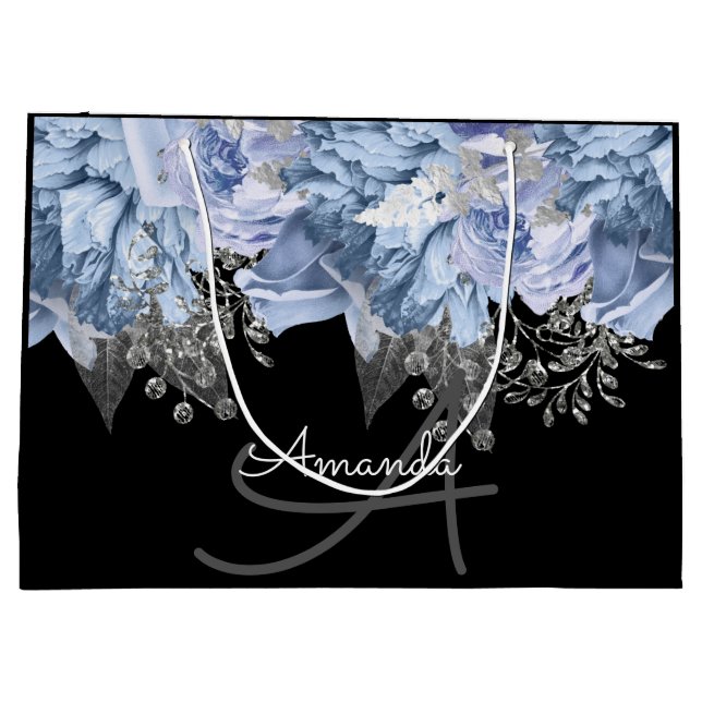 Monogram Name Bridal Gevor Wedding Rose BlueFloral Große Geschenktüte (Rückseite)