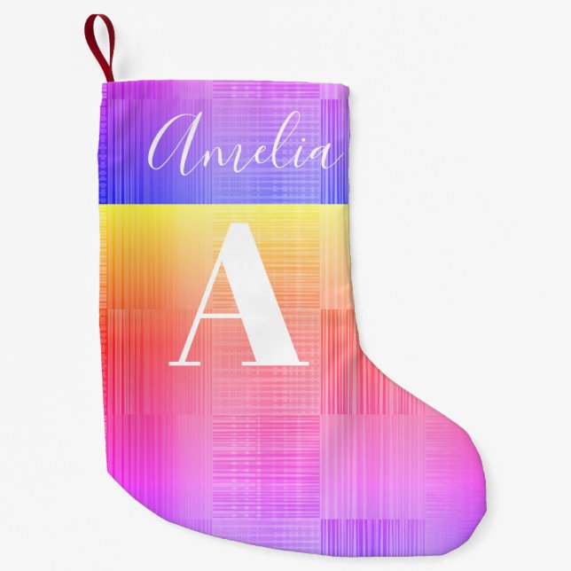 Monogram Name Bright Fright Checkerboard Kleiner Weihnachtsstrumpf (Vorderseite)