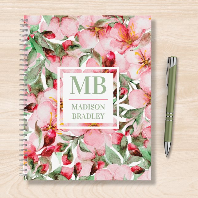 Monogram Name Cherry Blossom Wasserfarbe Floral Notizbuch (Von Creator hochgeladen)