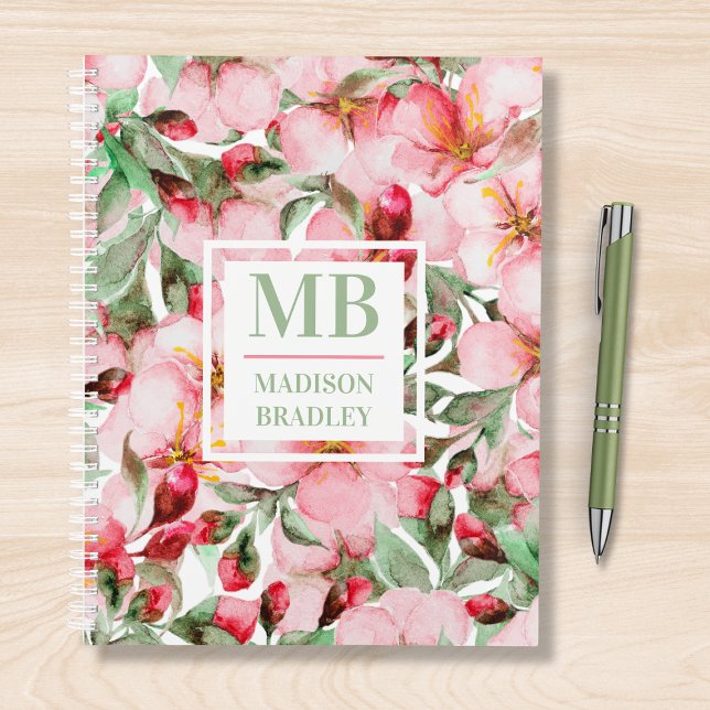 Monogram Name Cherry Blossom Wasserfarbe Floral Planer (Von Creator hochgeladen)